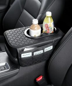 GM Center Console Organizer - PU Leather Armrest Case Cover with 2 Side Pockets And 2 Cup Holders, Multifunctional Storage for Mobile Phones, Water Bottles, Cards - Compatible with Most Models