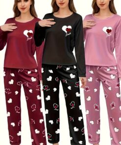 Women's New Autumn And Winter Style Heart-printed Pajama Set, Long-sleeved And Long Pants Six-piece Combination Set, Casual And Comfortable Home Wear