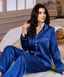 Elegant Women'S Cardigan Button Solid Color Turnover Collar Long Sleeve Long Pants Pajama Set