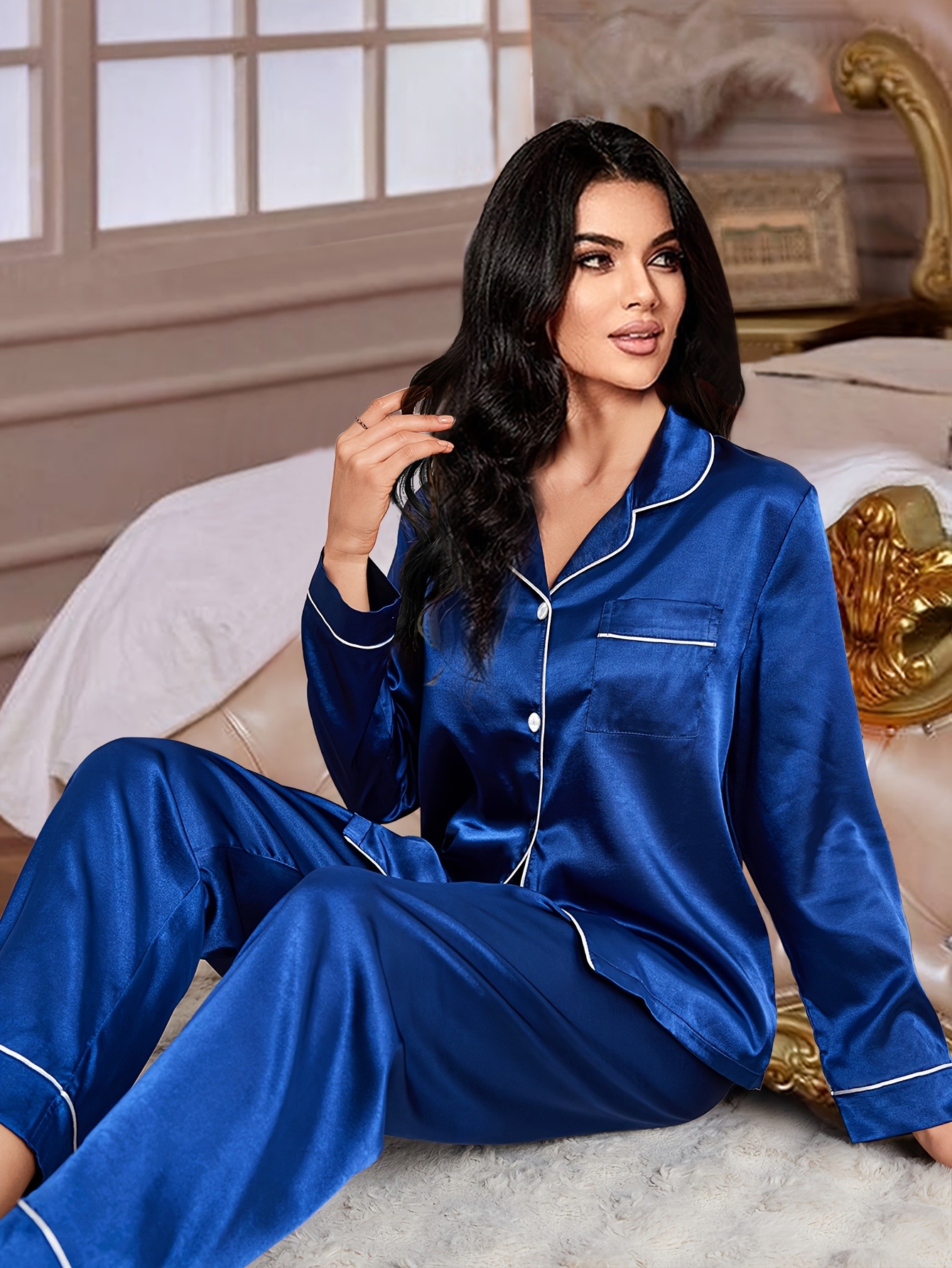 Elegant Women'S Cardigan Button Solid Color Turnover Collar Long Sleeve Long Pants Pajama Set