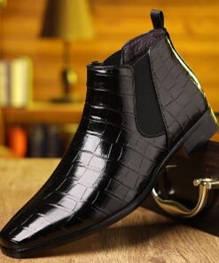 Men'S Genuine Crocodile-Embossed Chelsea Boots - Glossy Slip-On Ankle Boots with Pointed Toe, Luxury Business & Formal Shoes for Weddings, Office, Parties, All-Season Comfort, Durable Rubber Sole & Synthetic Lining, Elegant Casual to Semi-Formal Foo