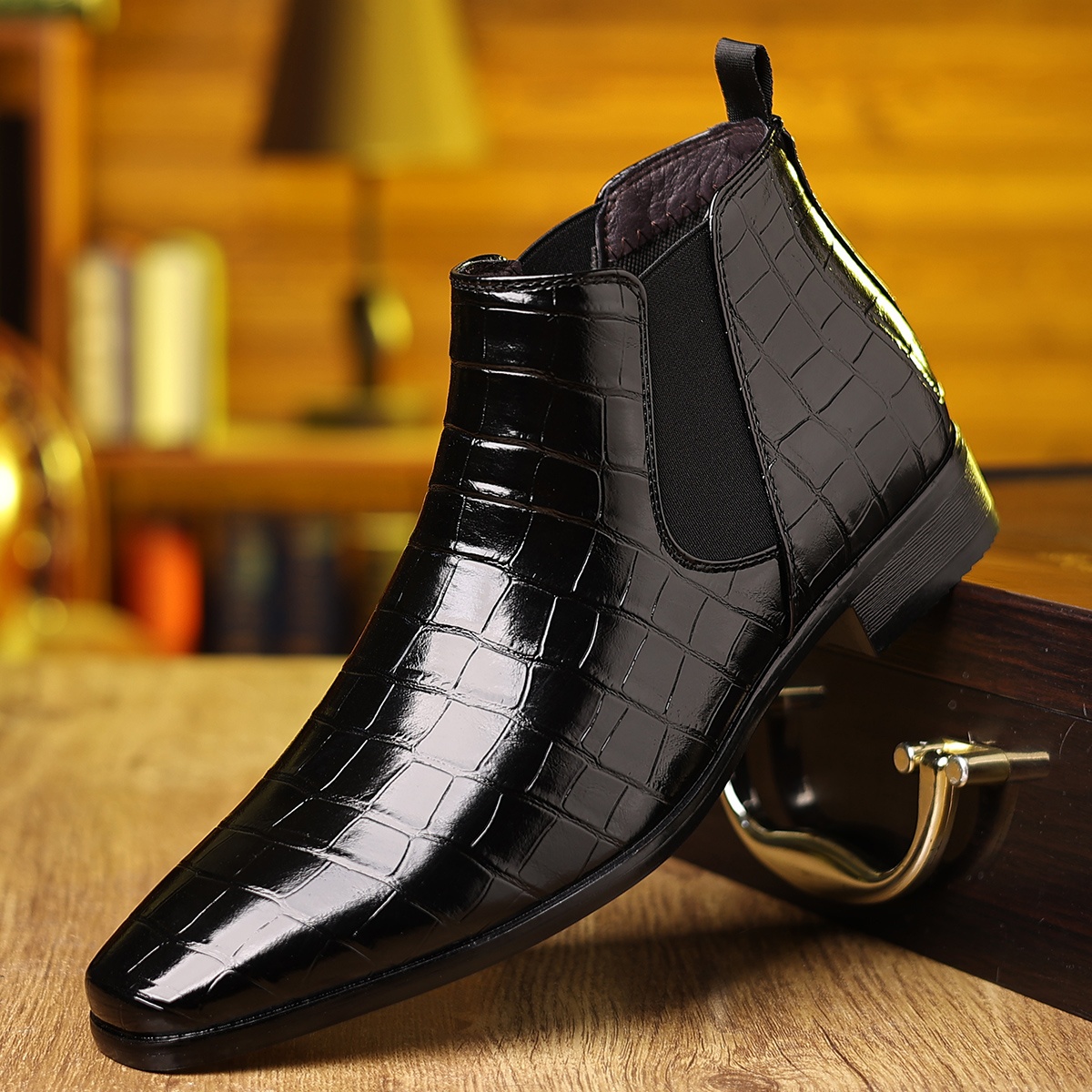 Men'S Genuine Crocodile-Embossed Chelsea Boots - Glossy Slip-On Ankle Boots with Pointed Toe, Luxury Business & Formal Shoes for Weddings, Office, Parties, All-Season Comfort, Durable Rubber Sole & Synthetic Lining, Elegant Casual to Semi-Formal Foo