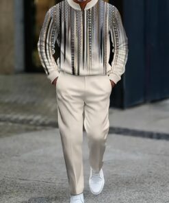 Men'S Geometric Pattern Long-Sleeve Zippered Polo Shirt & Casual Trousers Set - Comfortable Fabric, Regular Fit, Streetwear Style for Fall/Winter, Versatile Casual & Sportswear, Streetwear Fashion | Geometric Pattern Shirt | Comfortable Fabric, Pants