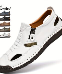 GREKS Men's Closed-Toe Fisherman Sandals Slip-On | Breathable Comfortable Casual Loafers for Summer Outdoor Driving & Walking | Side Zipper Hand-Sewn