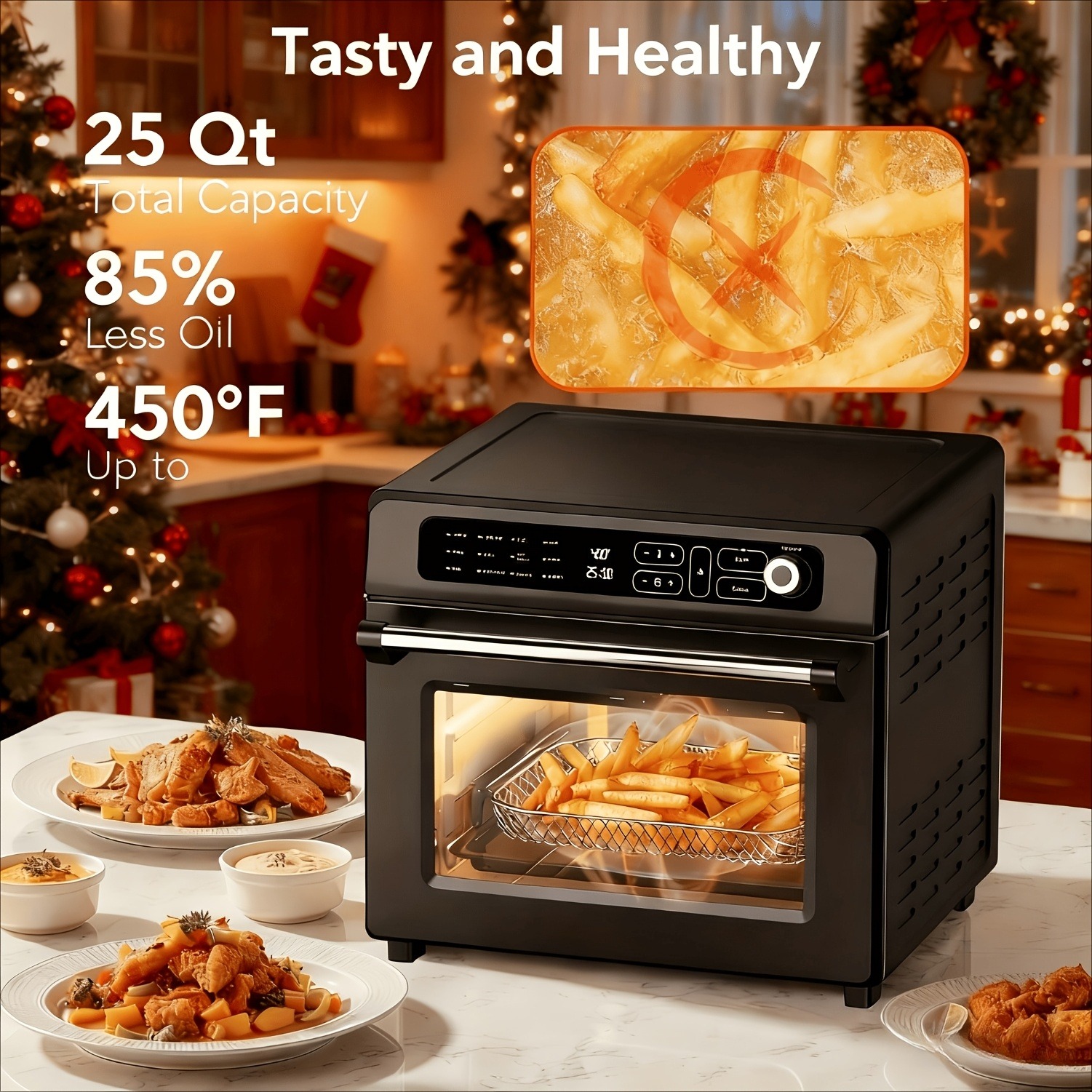 25QT 12-in-1 Air Fryer Toaster Oven Combo with, Stainless Steel Countertop Oven Suitable for Roast, Bake, Dehydrate, Reheat, Air Fry & More - Compact Convection Oven for Small Kitchens