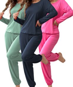3 Sets Women'S Pajama Sets - Round Neck Long-Sleeve Top & Solid Color Trousers, Soft Fabric, Comfortable Loungewear for Home & Casual Wear, Cozy Fall/Winter Sleepwear, Pajamas for Women, Relaxed Fit Clothing, Simple Design, Durable Clothing, Comfortable Loungewear, Cozy Clothing, Soft Fabric, Cozy Clothing, Cozy