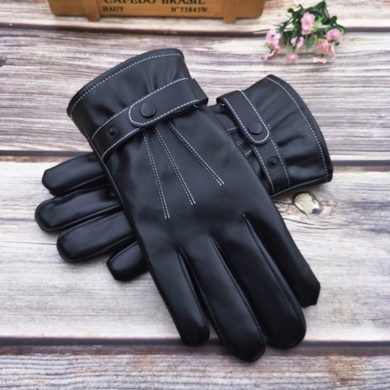 Men's Winter Thermal PU Leather Motorcycle Gloves with Touchscreen Control, Plush & Buckle Strap Closure - Heavy-Duty Cold-Proof Riding Gloves for Motorcycling, Smartphone Use, Outdoor Activities (Black)