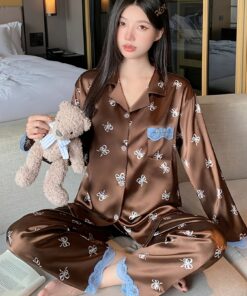 Women'S Long-Sleeve Satin Loungewear Set | -Like Pajamas for Casual Wear, Elegant Lapel Collar, Alphabet Pattern, Color Block Details, Perfect for Fall/Winter.