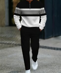 Men'S Black & White Striped Sports Suit - Half Neck Sweatshirt with Zipper Closure, Wrinkle-Resistant Polyester, Retro Streetwear Style, Regular Fit Casual Athletic Wear for Fall/Winter, Easy to Maintain, Winter Streetwear, Classic Striped Design, Durable Fabric