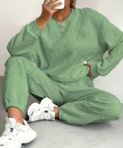 Women's Casual Pullover Two-piece Set, Suitable for Spring And Autumn, Consisting Of A Textured Long-sleeved Top And Jogging Pants