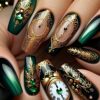 24pcs/48pcs Coffin Shaped Fake Nails In Dark Green, Black Golden, And Embossed Metal with Palace Patterns. Three Dimensional Clock with Jelly Glue And Nail Files. Pressing Style Fake Nail Set Suitable for Daily Use. Essential Fashion Item for Women