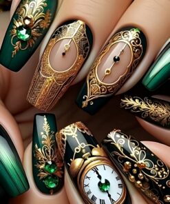 24pcs/48pcs Coffin Shaped Fake Nails In Dark Green, Black Golden, And Embossed Metal with Palace Patterns. Three Dimensional Clock with Jelly Glue And Nail Files. Pressing Style Fake Nail Set Suitable for Daily Use. Essential Fashion Item for Women