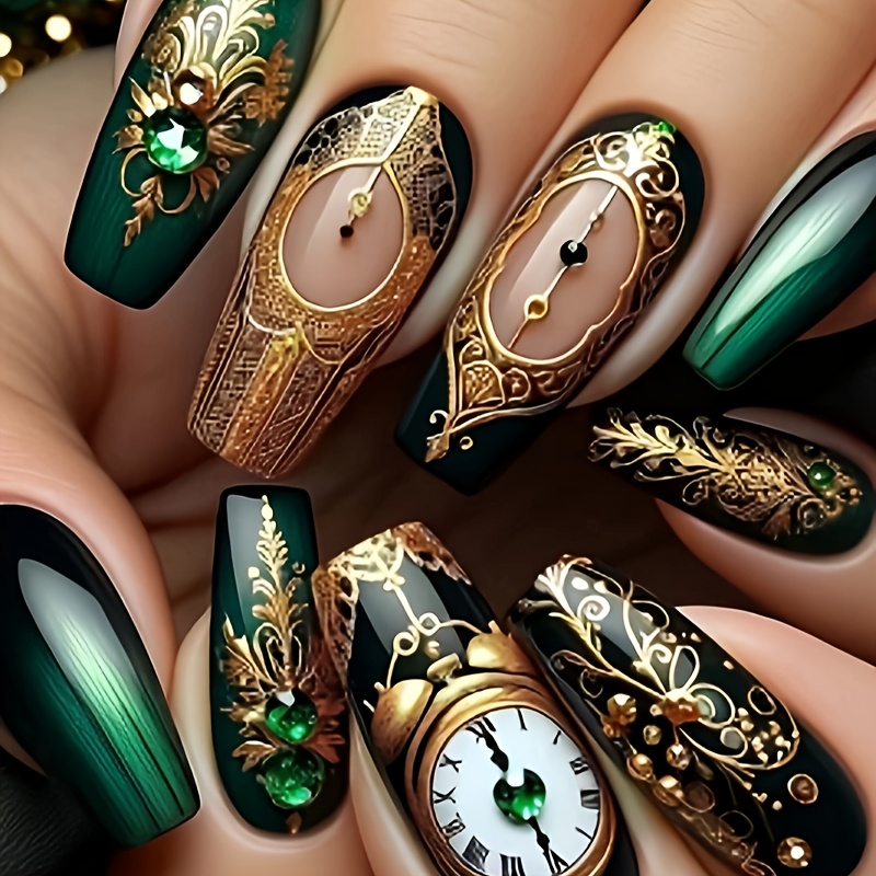 24pcs/48pcs Coffin Shaped Fake Nails In Dark Green, Black Golden, And Embossed Metal with Palace Patterns. Three Dimensional Clock with Jelly Glue And Nail Files. Pressing Style Fake Nail Set Suitable for Daily Use. Essential Fashion Item for Women