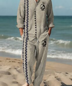 Men's Fashion Print Suit, Casual Two-Tone Pattern and Drums Primitive Print Texture, Casual Party Everyday Holiday Home Four Seasons Stand Collar Set