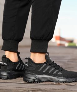 Men's Breathable Non-Slip Sports Shoes - Vibrant Yellow & Black Striped Casual Sneakers with Fabric Upper, PU Sole & Lace-Up Closure for Outdoor Jogging, Park Workouts, All-Season Wear, Park Workout Footwear | Modern Sports Shoes | Textured Grip Sole