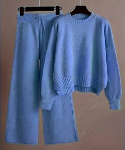 Ladies' Early Autumn New Sweater Fashion Two-piece Set | Unique Pattern Round Neck Drop Shoulder Long Sleeve Pullover + Straight Wide Leg Pants, Loose and Casual Series, Rib- Detail