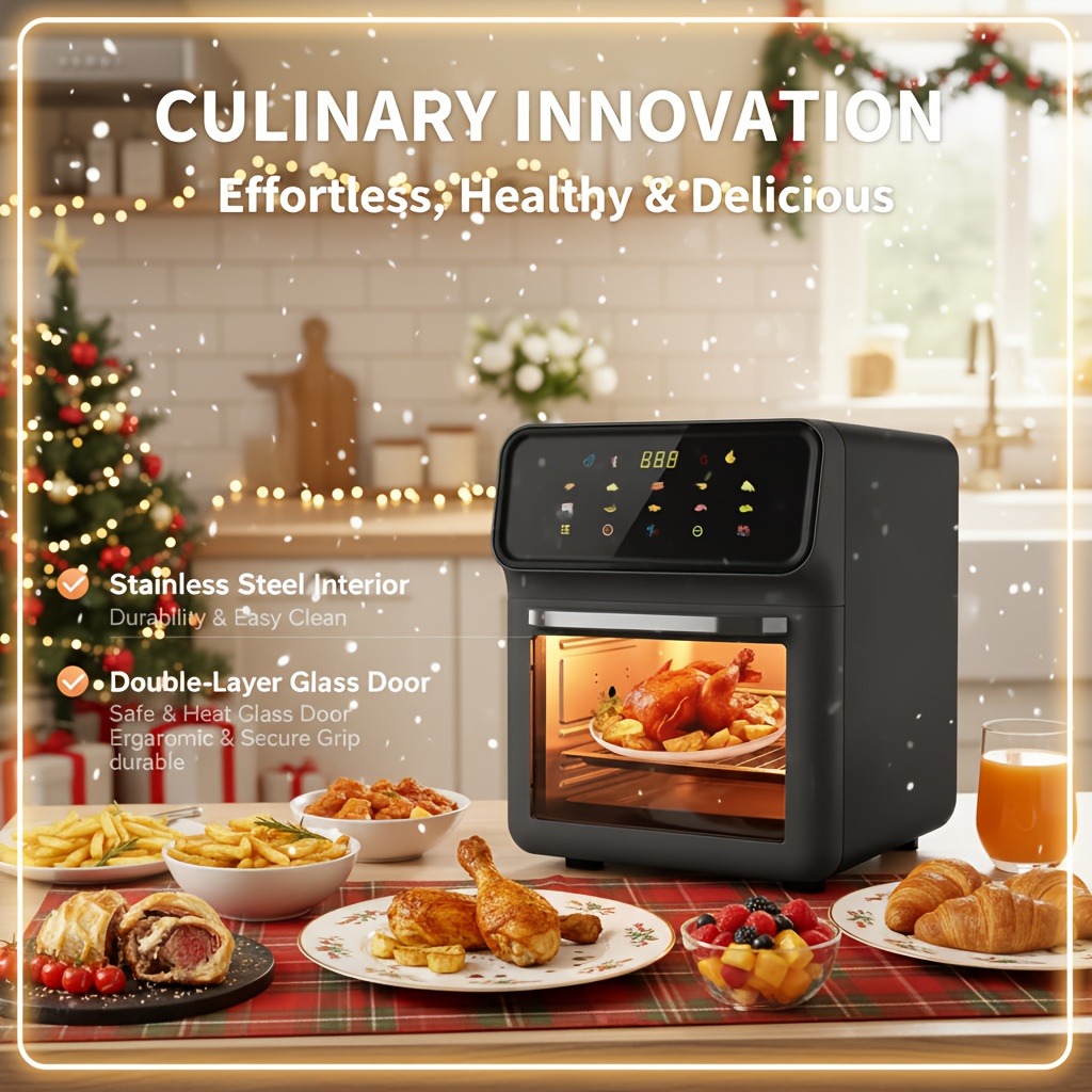Upgraded Large Capacity Air Fryer and Toaster | Suitable for 6 People, Intelligent Touch Screen, Multiple Preset Functions, Non-Stick Coating, Stainless Steel, Christmas Table Decoration