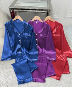 Casual Fashion Comfortable 6pcs Set of Solid Color Satin Long-Sleeve Shirts & Elastic Waist Pants Sleepwear for Autumn and Winter