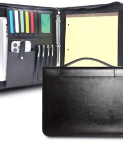 Black PU Leather Padfolio Portfolio Binder, A4 Letter Size Portfolio Folder & Leather Notebook Cover, Business Portfolio Organizer with Notepad Holder, Resume Folder for Interviews And Office