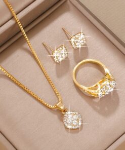 4PCS Women's Fashion Square Jewelry Set - Minimalist Style, Glass Inlay, Alloy Base, Suitable for Everyday Wear, Perfect for Teacher's Day/Back to School/Graduation Season