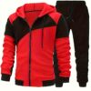 2pcs Men's Full-Zip Hooded Jacket & Joggers Set - Red/Black Color Block Windproof Gym Suit, Full-Length Zipper & Adjustable Pants with Elastic Cuffs, Breathable Thermal Workout Outfit for, Outdoor Training, Winter (Machine
