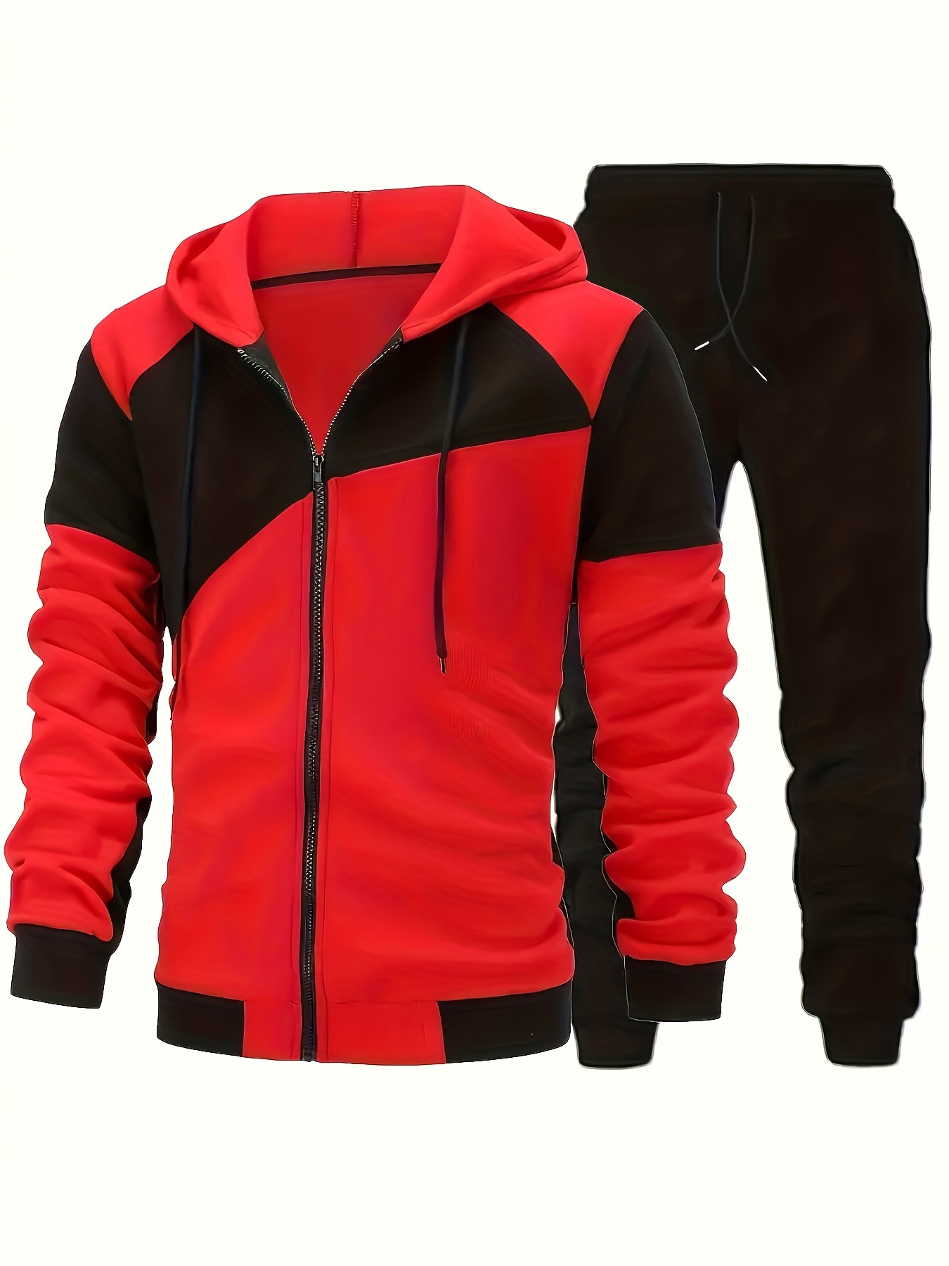 2pcs Men's Full-Zip Hooded Jacket & Joggers Set - Red/Black Color Block Windproof Gym Suit, Full-Length Zipper & Adjustable Pants with Elastic Cuffs, Breathable Thermal Workout Outfit for, Outdoor Training, Winter (Machine