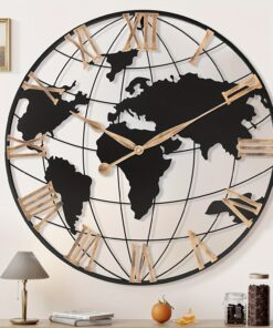 24 Inch Extra Giant Large Wall Clock Oversized, Black Big Metal Modern Decorative Silent World Map Wall Clock With Vintage Golden Roman Numeral For Office Living Room Kitchen Dining Room Decor