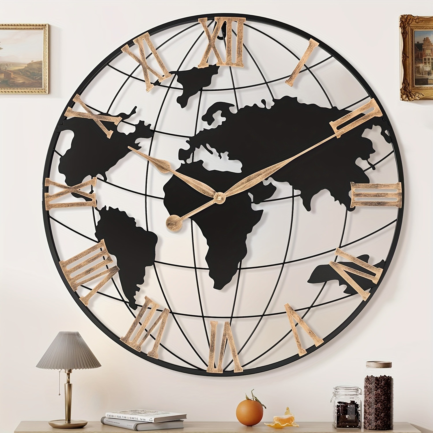 24 Inch Extra Giant Large Wall Clock Oversized, Black Big Metal Modern Decorative Silent World Map Wall Clock With Vintage Golden Roman Numeral For Office Living Room Kitchen Dining Room Decor