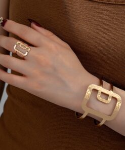 A Set Of Sweet And Charming Thick Large Iron Ring In Golden, Black, And Silvery Geometric Design, Including An Open-ended Bracelet And A Ring Set For Ladies.