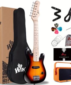 WINZZ TG-E2 30 Inch Electric Guitar Package with Amp, Gig Bag, Picks, Cable, Strap, Extra Strings, Solid Wood Body, Glossy, Small Size