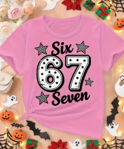 Six Seven ' Pink Short Sleeve T-Shirt with Number 67 & Name Print - Cute Outfit, Number 67 Themed Clothing, Machine Washable Round Neck Top for 2nd Party & Casual Attire