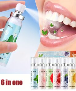 6pcs Fresh Breath Spray Set - Alcohol-Free & Sugar-Free Oral Freshener with Peach, Grape, Lychee, Watermelon, Orange, and Mint Flavors. Fast-Acting Mouthwash Spray, Travel-Friendly, Gentle Formula for Busy Professionals. Compact & Portable for Work