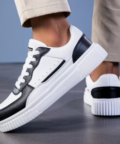 Men'S Low-Top Sneakers - White & Black Accent Lace-Up Shoes with Cushioned MD Sole, Breathable PU Upper, Arch Support & Cushioned Insole - All-Season Sneakers for Gym, Running, Casual Wear - Comfortable Sporty Design for Men & Women