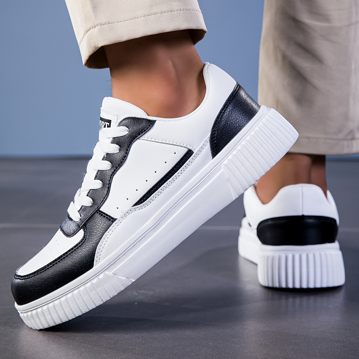 Men'S Low-Top Sneakers - White & Black Accent Lace-Up Shoes with Cushioned MD Sole, Breathable PU Upper, Arch Support & Cushioned Insole - All-Season Sneakers for Gym, Running, Casual Wear - Comfortable Sporty Design for Men & Women