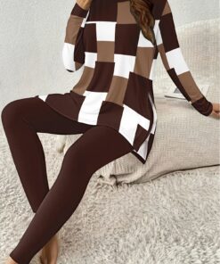 Plus-size Women's casual two-piece set. Check print, long-sleeve top and long pants, with side slits, long-sleeve top paired with fitted long pants, comfortable and well-fitted regular casual wear, round neck polyester crewneck sweater, layered