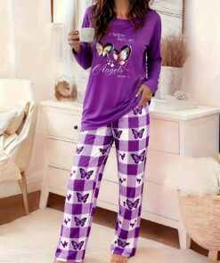 Ladies' Purple Butterfly Casual Pajama Set with Long Sleeves And Loose Plaid Pants for Homewear