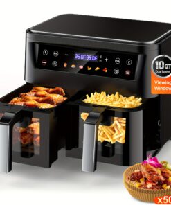 10Qt 10-in-1 Dual Air Fryer, Fresh Balanced Meals for Family And Children with Double Baskets, Sync Cook & Finish to Bake, Roast, Reheat, Broil for Easy Cooking, Dishwasher Safe - Includes Air Fryer Paper Liners 50pcs, Christmas Gift