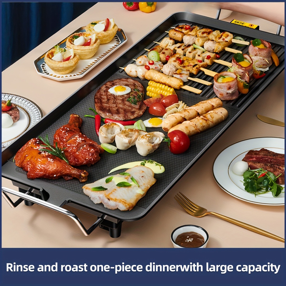 Oblong Multifunctional Baking Pan, 110V Available, 1500W, Non-stick Cooking Pan, 5 Speed Temperature Adjustable, Dishwasher Washable, Non-smoking Oven, Indoor Electric Grill, Fried Eggs, Roasted Vegetables, Barbecue Grill, Black