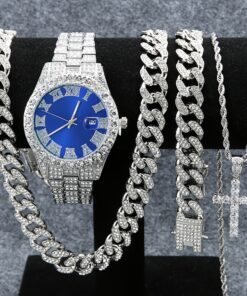 Set Of 4 Pieces, Men's Watch Set, Men's Cuban Necklace Bracelet Set, Men's And Women's Holiday Gifts, Christmas Gifts