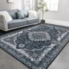 Vintage Velvet Area Mat - Large Floral Pattern in Blue & White, Non-Slip Backing, Machine Washable for Living Room, Bedroom, Home Decor, Rugs for Living Room