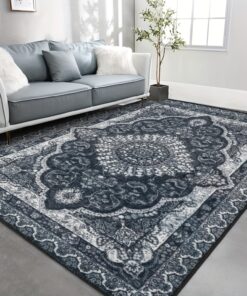 Vintage Velvet Area Mat - Large Floral Pattern in Blue & White, Non-Slip Backing, Machine Washable for Living Room, Bedroom, Home Decor, Rugs for Living Room
