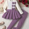 2pcs Girls' Cute Bow & Solid Color Knit Outfit Set - Soft Long Sleeve Sweater & Flared Leggings with Ruffled Hem, Red & Purple Spring/Fall Clothes for Playdates, Parties, Casual Attire | Cozy Knit Fabric, Easy Dressing for Kids