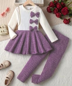 2pcs Girls' Cute Bow & Solid Color Knit Outfit Set - Soft Long Sleeve Sweater & Flared Leggings with Ruffled Hem, Red & Purple Spring/Fall Clothes for Playdates, Parties, Casual Attire | Cozy Knit Fabric, Easy Dressing for Kids