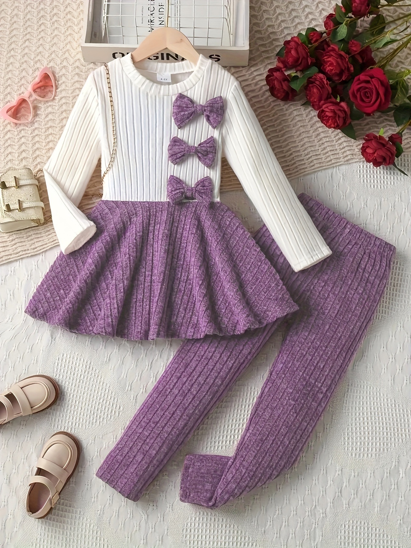 2pcs Girls' Cute Bow & Solid Color Knit Outfit Set - Soft Long Sleeve Sweater & Flared Leggings with Ruffled Hem, Red & Purple Spring/Fall Clothes for Playdates, Parties, Casual Attire | Cozy Knit Fabric, Easy Dressing for Kids
