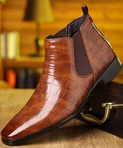 Men's Slip-On High-Top Short Boots - Black Round Toe Rubber Sole, Upper with Polished Finish, Comfortable All-Season Footwear Suitable for Weddings, Business, Parties & Daily Wear - Casual Business Boots