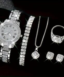 5pcs Women's Luxury Watch & Jewelry Set - Roman Numeral Quartz Watch with -Accented Dial, Interchangeable Alloy Strap, Bracelet, Necklace, Ring & Earrings - Elegant Gift Set for Birthdays, Anniversaries (-Like, No