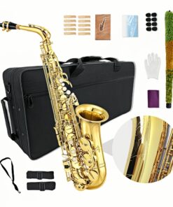 Siemonic Alto Saxophone E Flat Golden Lacquer Handcrafted Alto Beginner Sax Full Kit Carrying Sax Case Musical Instruments Music Gift for Friends, Saxophone Accessories, Saxophone Instrument, Saxophone Neck Strap, Saxophone Mouthpiece
