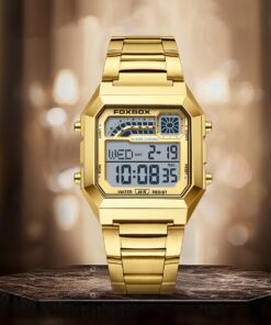 FOXBOX Men's 2025 Sport Multifunctional Watch - Classic Electronic with Luminous Display, Week & Calendar, Alarm Clock, Stopwatch, Reminder, Durable Zinc Alloy Case & Stainless Steel Strap, Quartz Movement, Golden-Tone Finish, Date Display, Highquality Materials, Everyday Timepiece, Modern Timepiece, Robust Construction