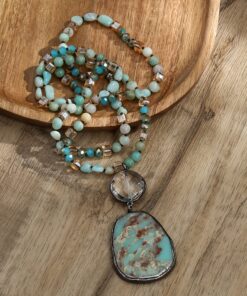 Bohemian Vintage Natural Stone & Glass Bead Necklace with Turquoise Floral Rectangular Pendant - Golden-Tone Accent Jewelry for Women, Mother’s Day Gift, Spring Daily Wear, Everyday Accessory, Rustic Aesthetic, Artisanal Craftsmanship