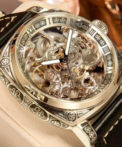 Men's Golden-Tone Automatic Mechanical Watch with Carved Hollow Skeleton Dial, Roman Numerals & World Time Function - Luxury Fashionable Round Watch for Casual & Formal Occasions, Formal Timepiece